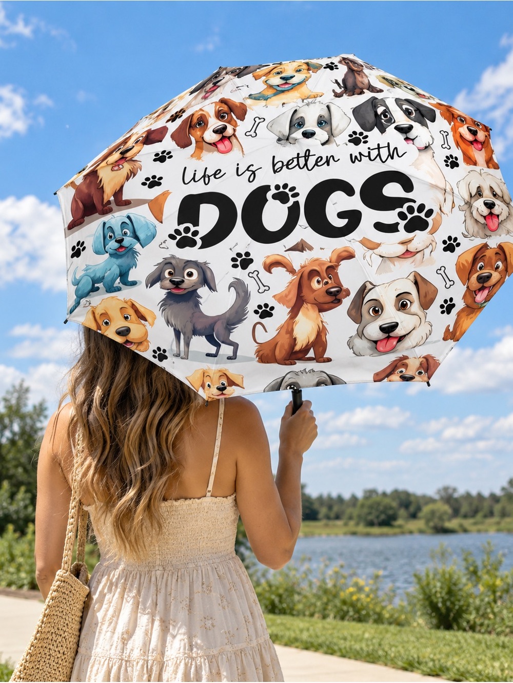 Life Is Better With Dogs Foldable Umbrella - White with Colorful Dog Prints